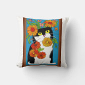 白黒猫と黄色い花 クッション (正面)
