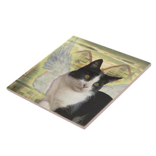 白黒猫の天使の翼のヴィンテージのスタイルの芸術 タイル (側面)