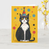 白黒猫の誕生日会グリーティングカード カード (黄色い花)