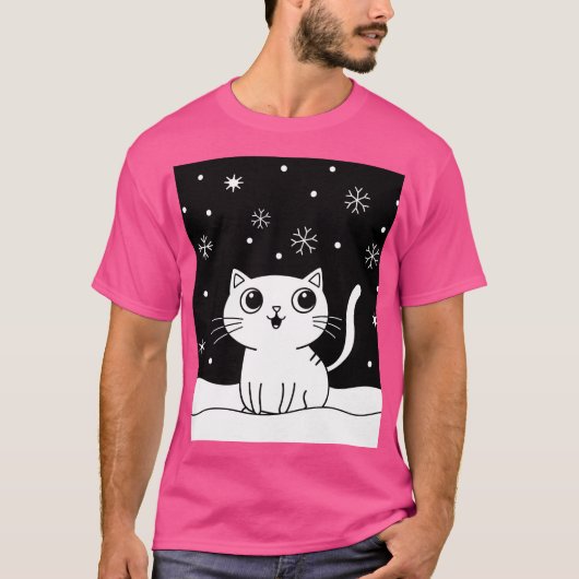 白黒猫イラストレーション Tシャツ (正面)