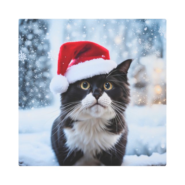 白黒猫クリスマス メタルプリント (正面)