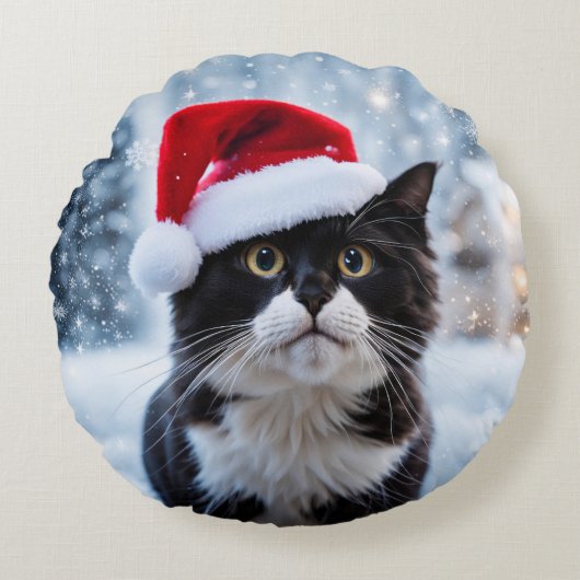 白黒猫クリスマス ラウンドクッション (正面)
