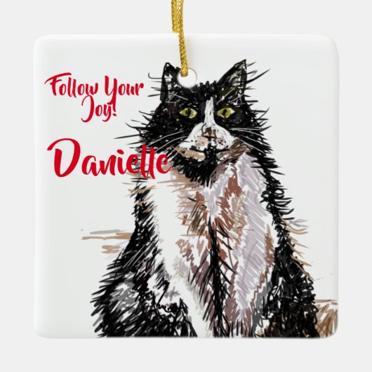 白黒猫タキシード猫子供名デコレーション セラミックオーナメント (正面)