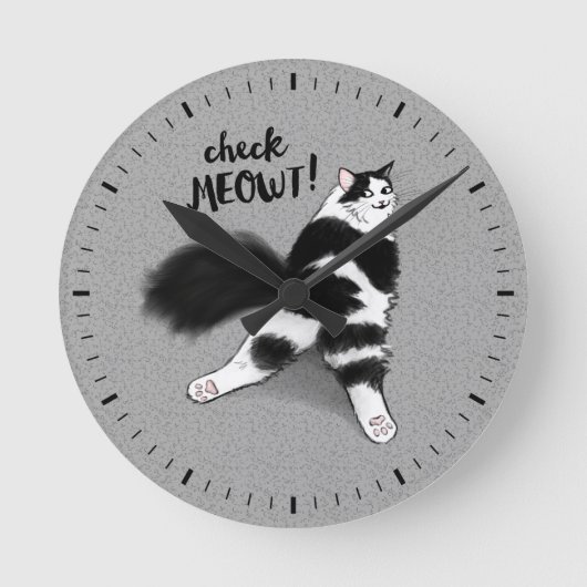 白黒猫チェックおもしろいー ラウンド壁時計 (正面)