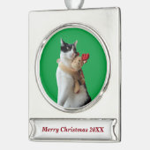 白黒猫トナカイのクリスマストイ シルバープレートバナーオーナメント (左)