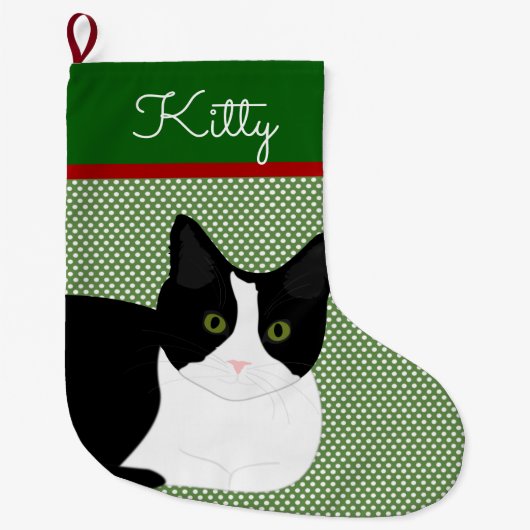 白黒猫パーソナライズされた ラージクリスマスストッキング (正面)