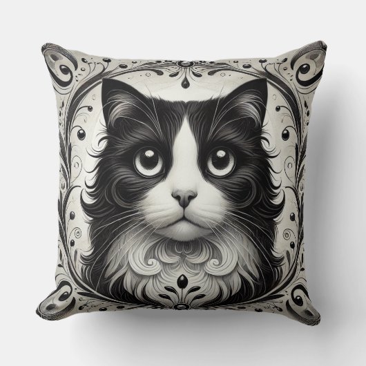 白黒猫ポートレート クッション (正面)