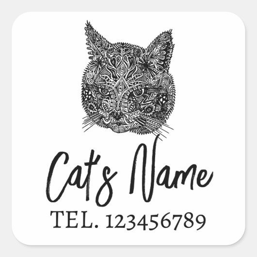 白黒猫ポートレート スクエアシール (正面)