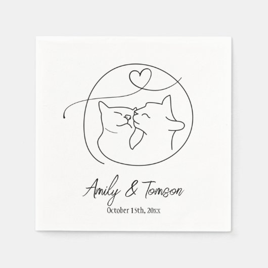 白黒猫ワンラインシンプル脚本 スタンダードカクテルナプキン (正面)