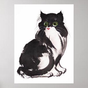 白黒猫墨水彩墨画 ポスター