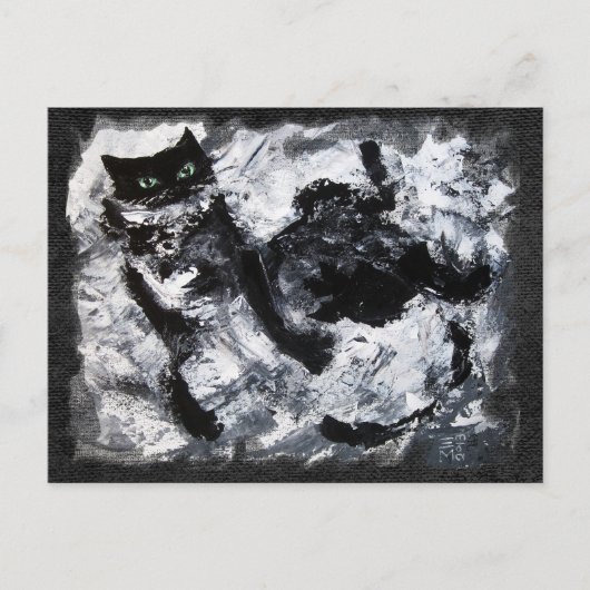 白黒猫絵画の ポストカード (正面)
