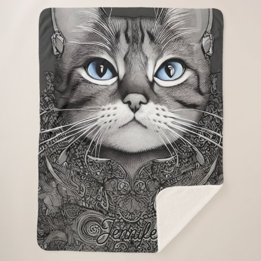白黒猫華美の名パーソナライズされた前 シェルパブランケット (正面)