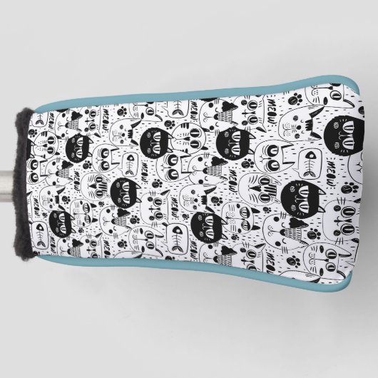 白黒猫顔模様 ゴルフヘッドカバー (正面)