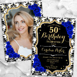 白黒王室のブルーフォト50誕生日 招待状<br><div class="desc">エレガントフローラ50歳の誕生日の招待状とカードの後ろの写真。グラム白黒王室のブルーデザインとフェイクグリッター金ゴールド。黒と白のダマスクパターン、サファイアブルーバラ、スクリプトフォントと紙吹雪を備えている。大人スタイリッシュのお祝いパーティーに最適。独自の詳細でパーソナライズどんなカスタマイズ年でもいい!印刷されたZazzle招待状または即時ダウンロードのデジタル印刷可能なテンプレート。</div>