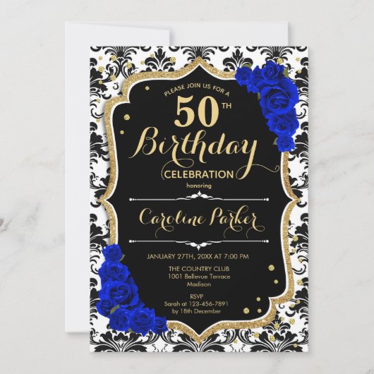 白黒王室のブルーフォト50誕生日 招待状 (正面)