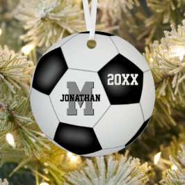 白黒男の子シンプルスポーツ記念サッカー メタルオーナメント