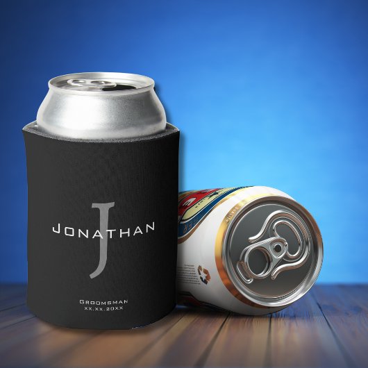 白黒男らしイニシャル+名前モノグラム 缶クーラー