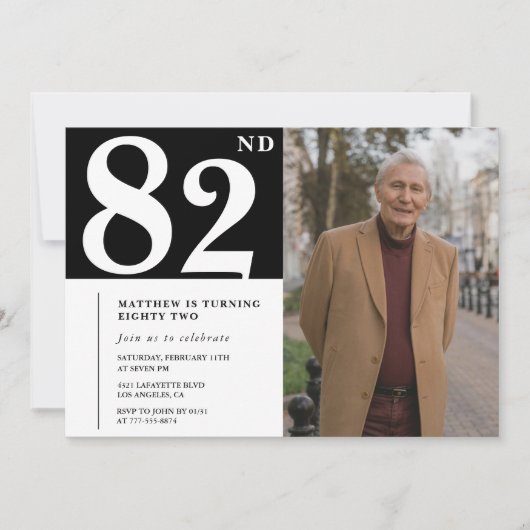白黒男性の82歳の誕生日 招待状 (正面)