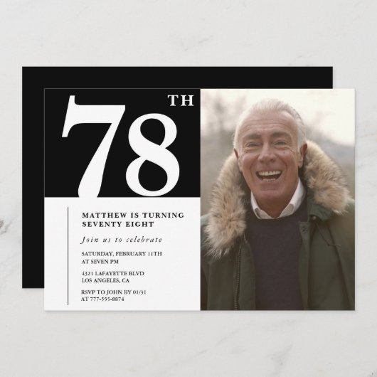 白黒男性78歳の誕生日 招待状 (正面/裏面)