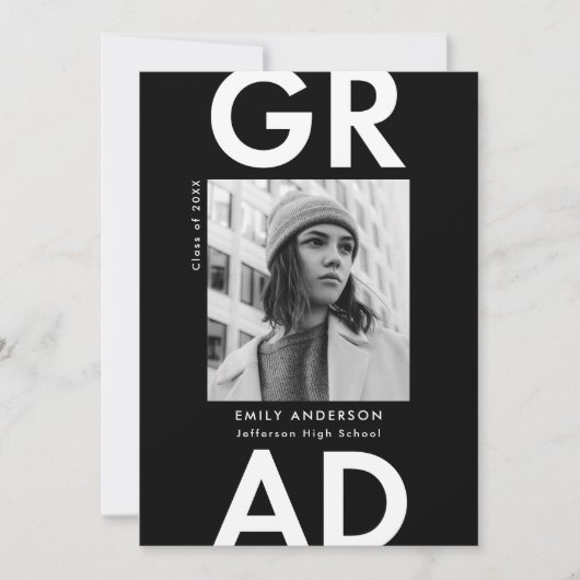 白黒白はっきりした写真卒業パーティー 招待状 (正面)