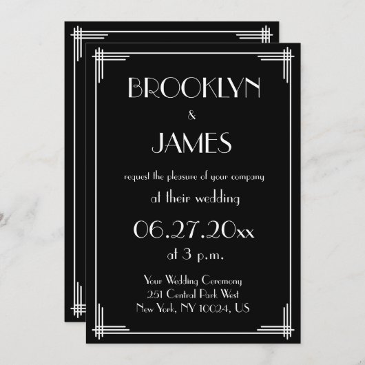 白黒素晴らしギャツビーアールデコ結婚式の招待 招待状 (正面/裏面)