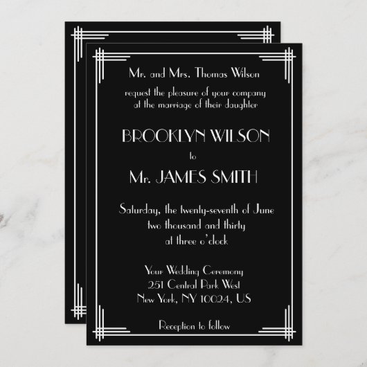 白黒素晴らしギャツビーアールデコ結婚式の招待 招待状 (正面/裏面)