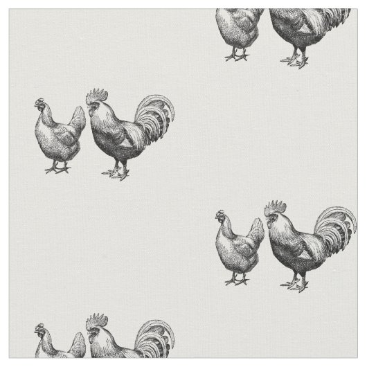白黒素朴の鶏と鶏柄 ファブリック (クローズアップ)