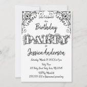 白黒素朴ウッドフローラ誕生日 招待状 (正面)