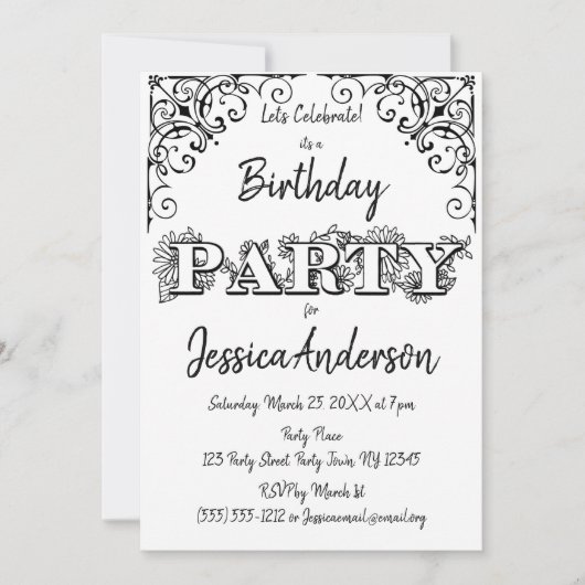 白黒素朴ウッドフローラ誕生日 招待状 (正面)