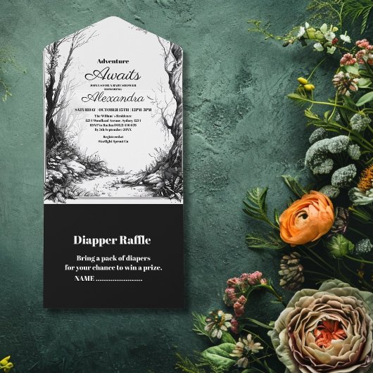 白黒素朴ウッドランドアドベンチャーベビーシャワー オールインワン招待状