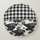 白黒素朴バッファローが花をチェック ラウンドクッション (裏面)