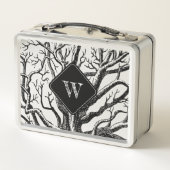 白黒素朴抽象芸術ツリーブランチモノグラム メタルランチボックス (裏面)