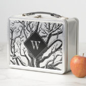 白黒素朴抽象芸術ツリーブランチモノグラム メタルランチボックス (インサイチュ)