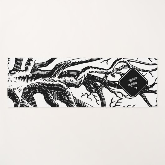 白黒素朴抽象芸術ツリーブランチモノグラム ヨガマット (正面(横))