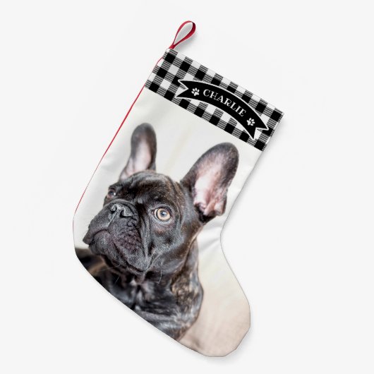 白黒素朴格子模様のカスタム写真ペット犬 スモールクリスマスストッキング (正面 (吊り時))