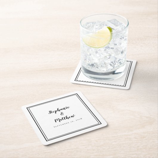 白黒結婚のシンプルミニマモダンリストパーティー スクエアペーパーコースター (インサイチュ)