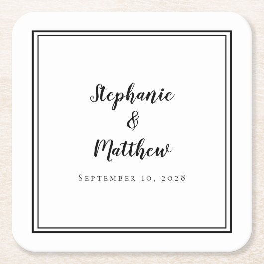 白黒結婚のシンプルミニマモダンリストパーティー スクエアペーパーコースター (正面)