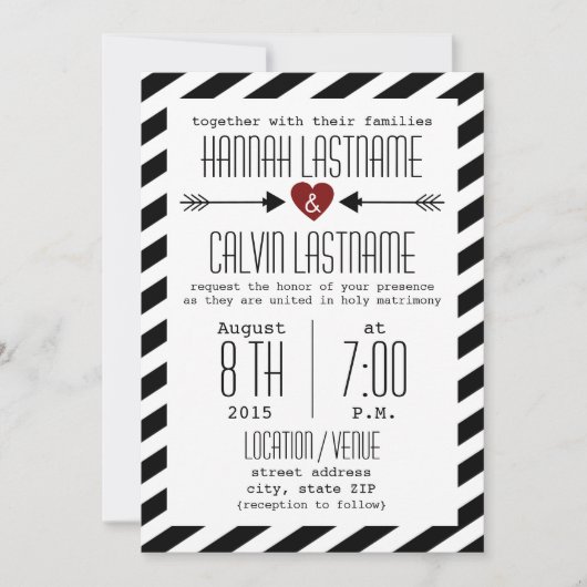 白黒結婚のストライプ赤いハート+矢印 招待状 (正面)