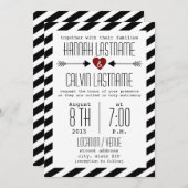 白黒結婚のストライプ赤いハート+矢印 招待状 (正面/裏面)