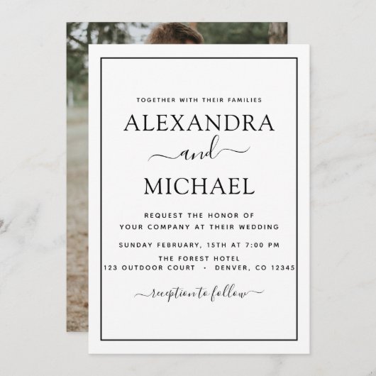 白黒結婚のロマンチックな写真招待状 招待状 (正面/裏面)