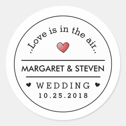 白黒結婚の名前をカスタムすると日付赤いハート ラウンドシール (正面)