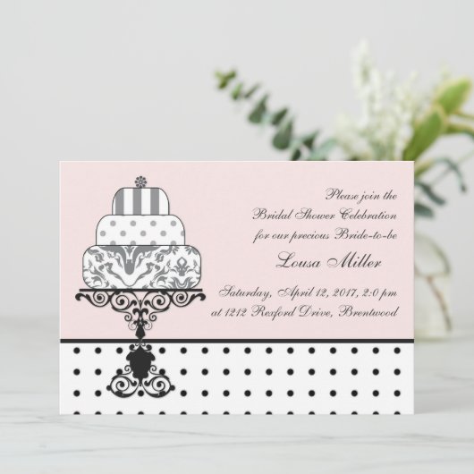 白黒結婚ズケーキ，水玉模様ブライダルシャワー 招待状 (スタンド正面)
