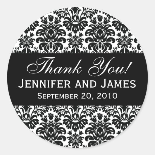白黒結婚ダマスクありがとうラベル ラウンドシール (正面)