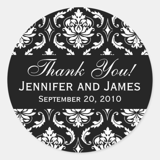 白黒結婚ダマスクありがとうラベル ラウンドシール (正面)