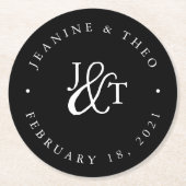 白黒結婚モノグラム ラウンドペーパーコースター (正面)