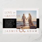 白黒結婚写真の愛と感謝のバラ 箔招待状 (正面)