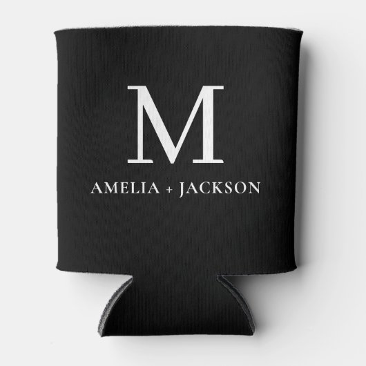 白黒結婚式の引き出物モノグラム名ハート 缶クーラー (正面)