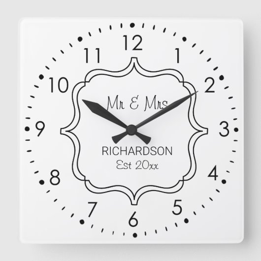 白黒結婚記念日 スクエア壁時計 (正面)