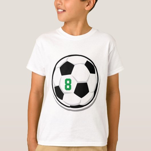 白黒緑のキッズチームナンバー サッカーボール Tシャツ (正面)