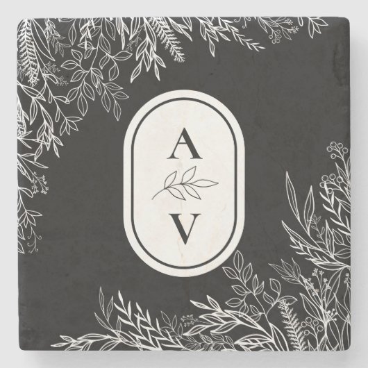 白黒緑のモノグラ結婚ム ストーンコースター (正面)